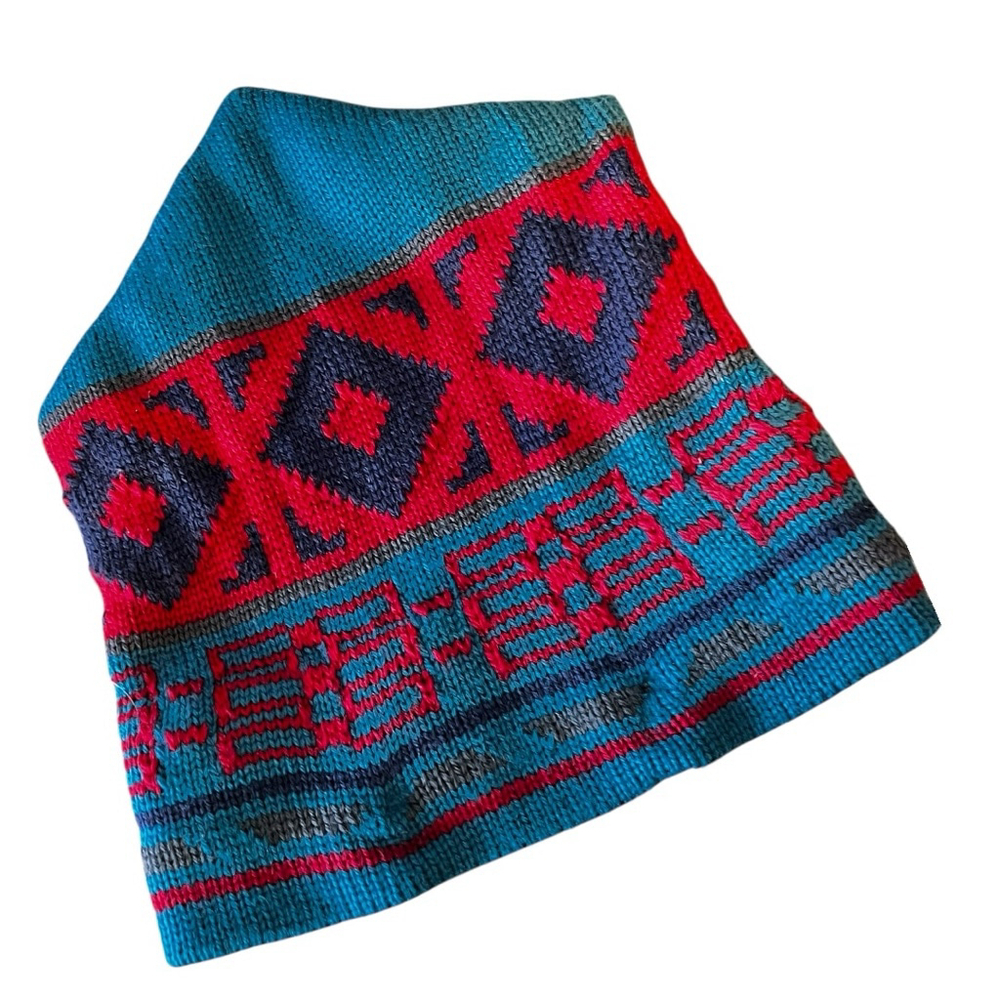 Igloos Vintage New Old Stock Wool Knit Beanie Hat, Teal/Red Geometric